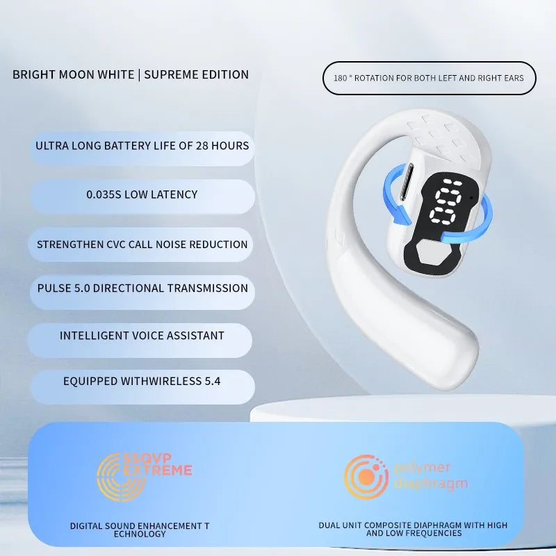 Sans fil Bluetooth 5.4 ouvert 180 °   casque à conduction d'air rotatif avec affichage de la batterie LED sur les deux oreilles et un écouteurs avec microphone