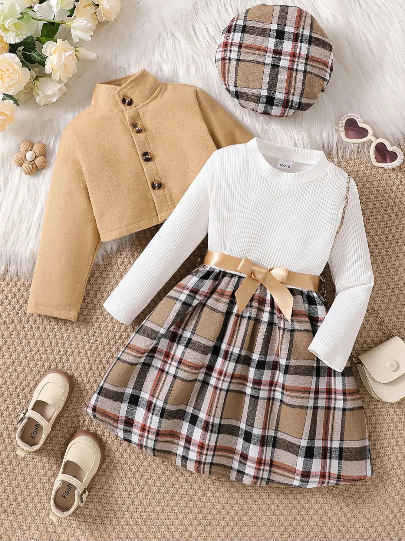 Ensemble de vêtements pour petites filles de 1 à 6 ans, robe à carreaux à manches longues avec veste + béret, ensemble de vêtements à la mode, automne-hiver