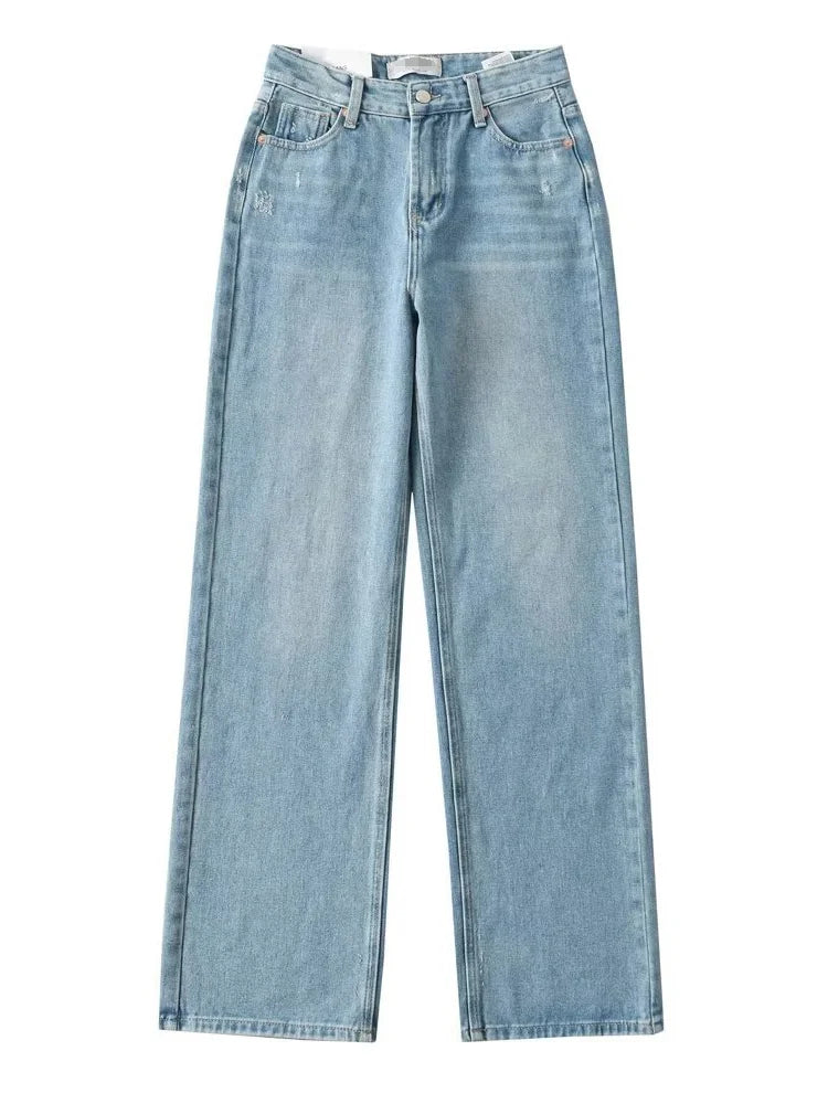 Jean bleu femmes taille haute 2025 ample décontracté petit ami jean Long pour le travail dames Simple jambe droite Denim pantalon pour les femmes