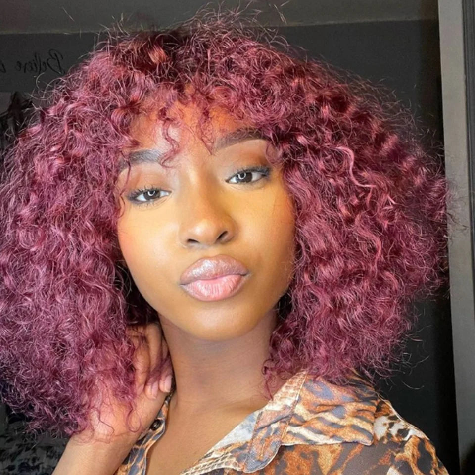 Perruques de cheveux humains Pixie Cut Bob avec frange pour femme, perruque pleine machine bouclée, surbrillance, couleur blond miel, court, caution