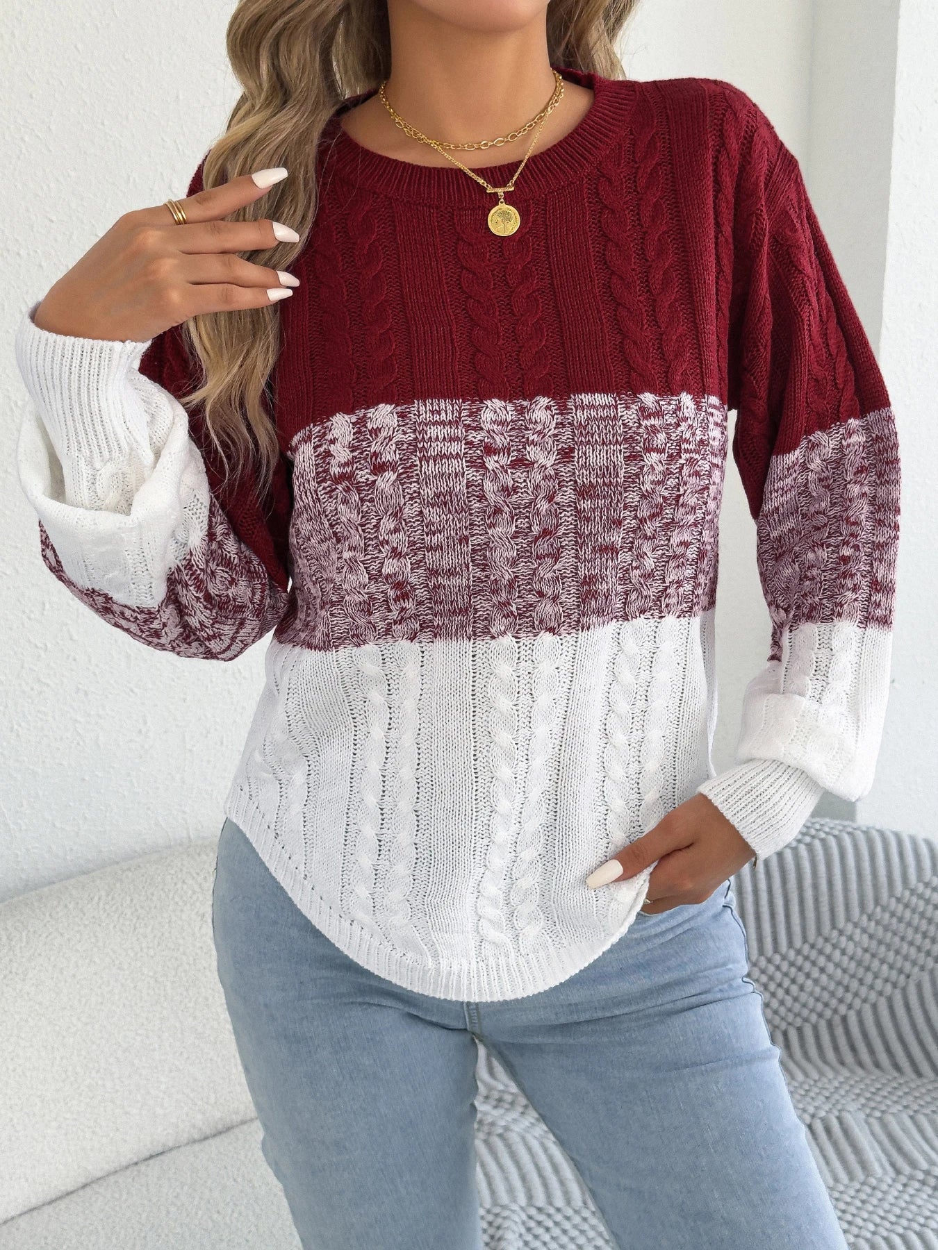 Femme décontracté couleur bloc rayé pull col rond lanterne à manches longues torsion tricoté hauts pour 2025 automne hiver femmes vêtements