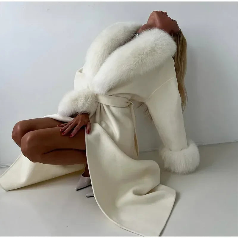 Manteau en laine pour femmes, Patchwork de fourrure solide, mode, manches longues, col en v, à lacets, pardessus Long ample, automne, bureau, vêtements d'extérieur pour dames