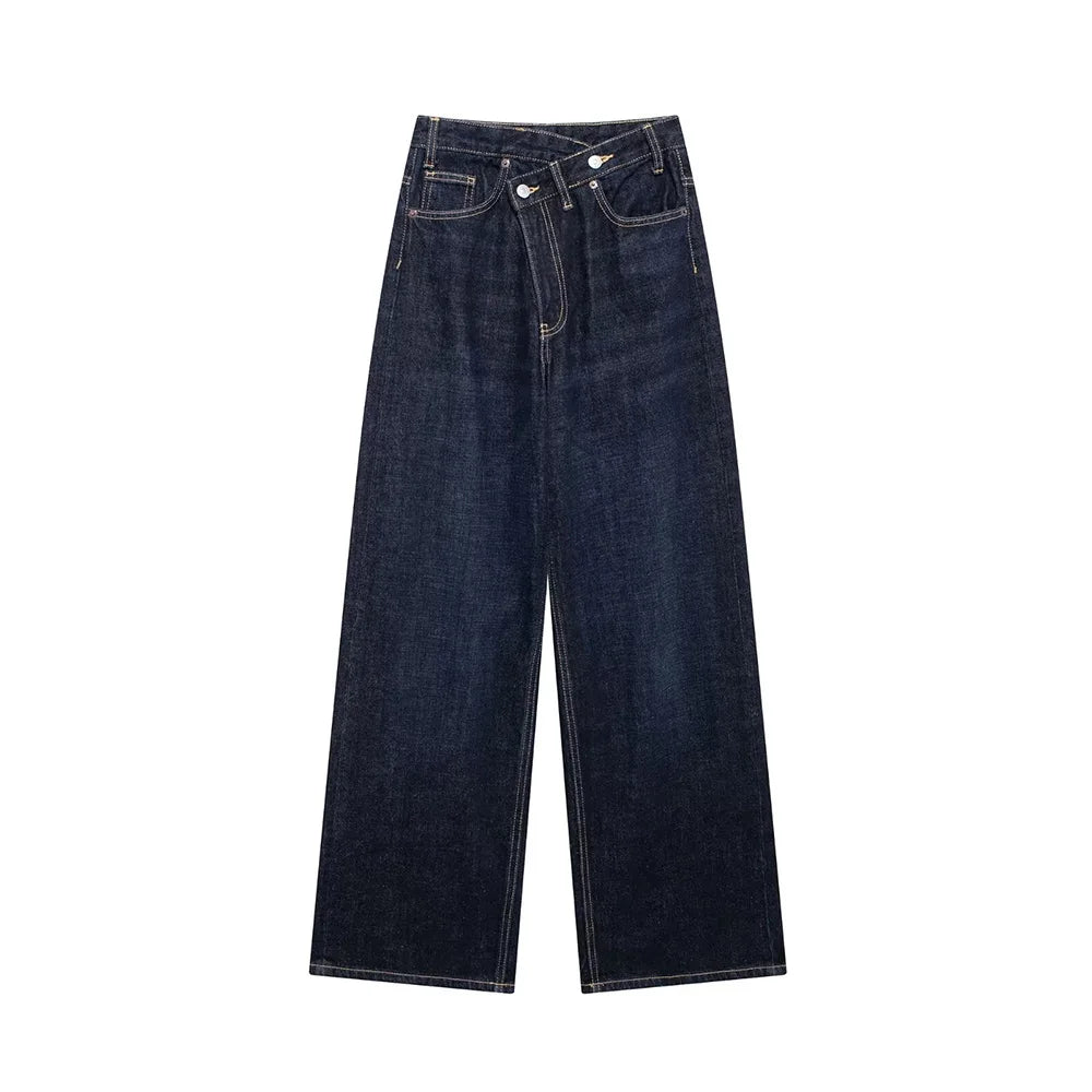 Jeans asymétriques à taille haute et à jambes larges pour femmes nouveaux modèles de base mode polyvalente pantalons droits pantalons
