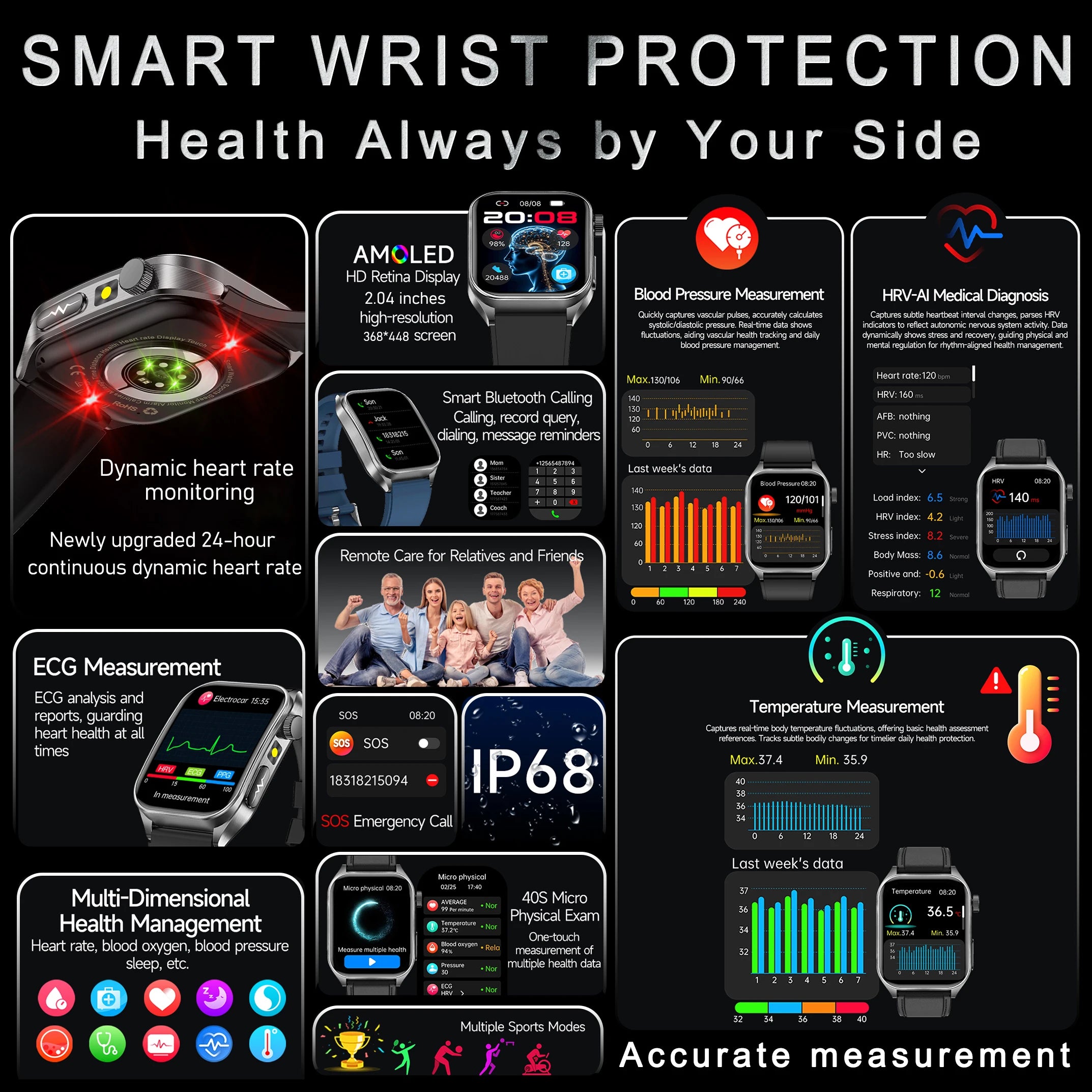 2025 nouvelle montre intelligente 2.04 pouces écran acide urique lipides sanguins composition corporelle cinq détecteurs 650mAh sport HD appel montre intelligente