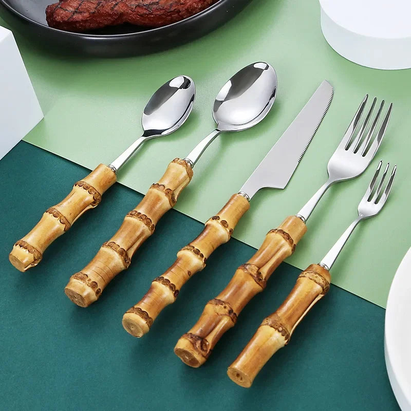Ensemble de Vaisselle en Bambou et Acier Inoxydable avec Poignée Naturelle, Couverts Rétro, Steak, Opaque, Fourchette, Cuillère, Cadeau de Dessert, 20/30 Pièces
