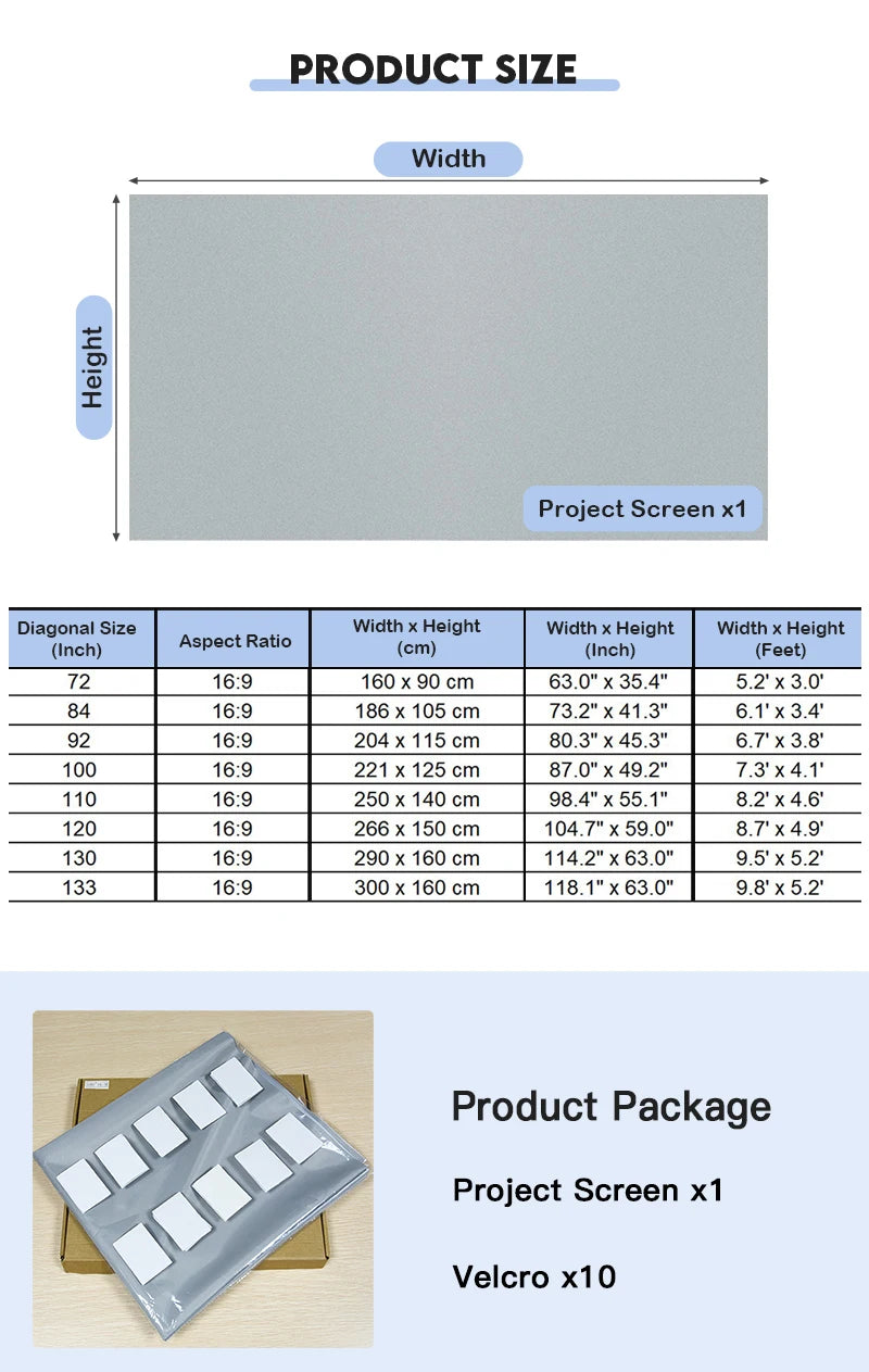 Grille de tissu de coulée d'écran de projection, haute luminosité, 72, 84, 92, 100, 110, 120, 130, 133 pouces pour projecteurs DLP LED 3D