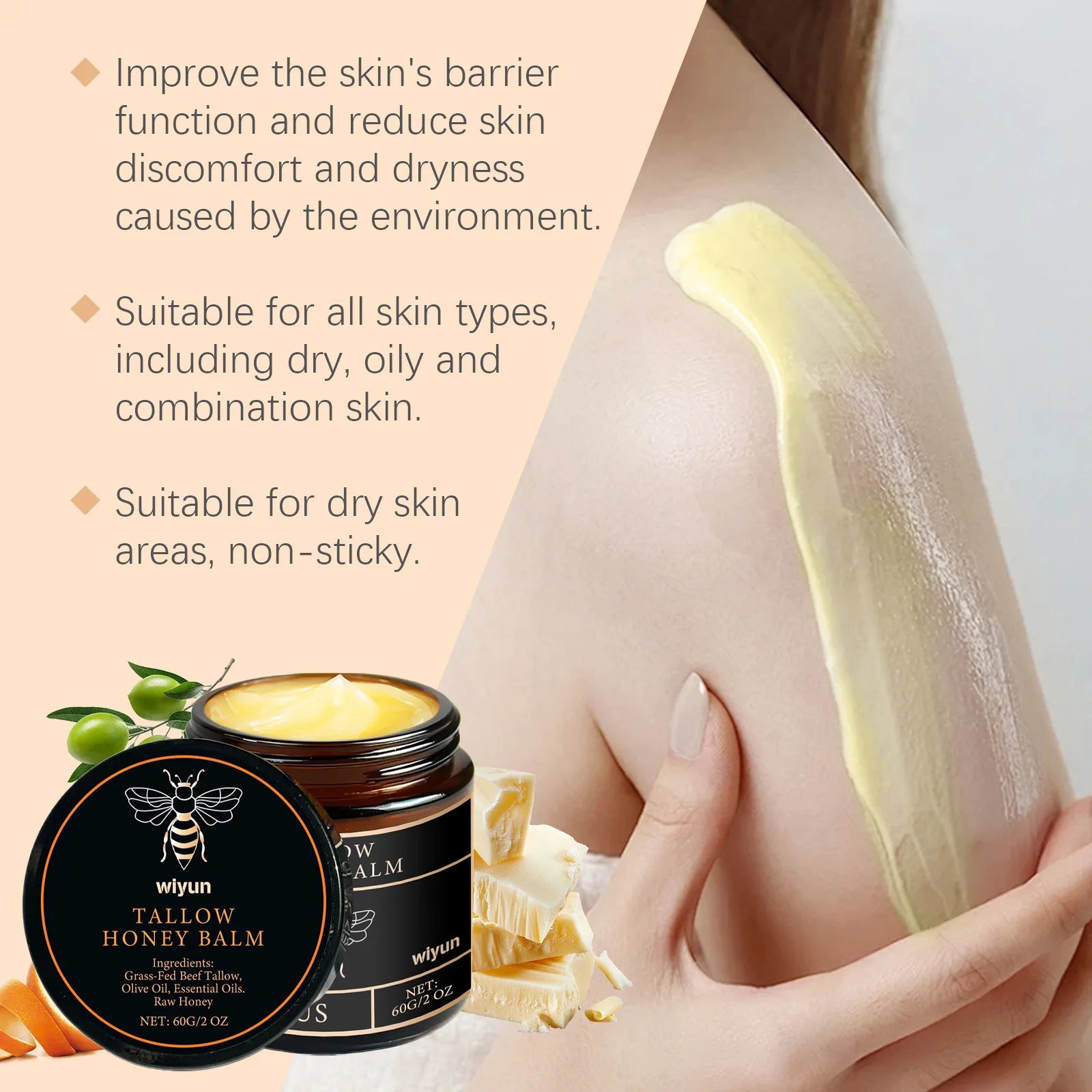Baume de Tallow de boeuf alimenté en herbe biologique, miel cru, hydratant, doux, améliore l'élasticité, crème hydratante lisse longue durée, soins pour la peau