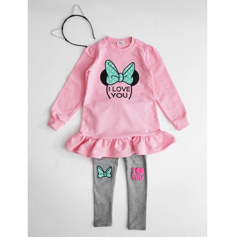Ensemble de vêtements pour enfants printemps-automne, chemise + Leggings en coton à manches longues avec nœud papillon de dessin animé, costume 2 pièces pour filles de 3 à 8 ans, tenue décontractée
