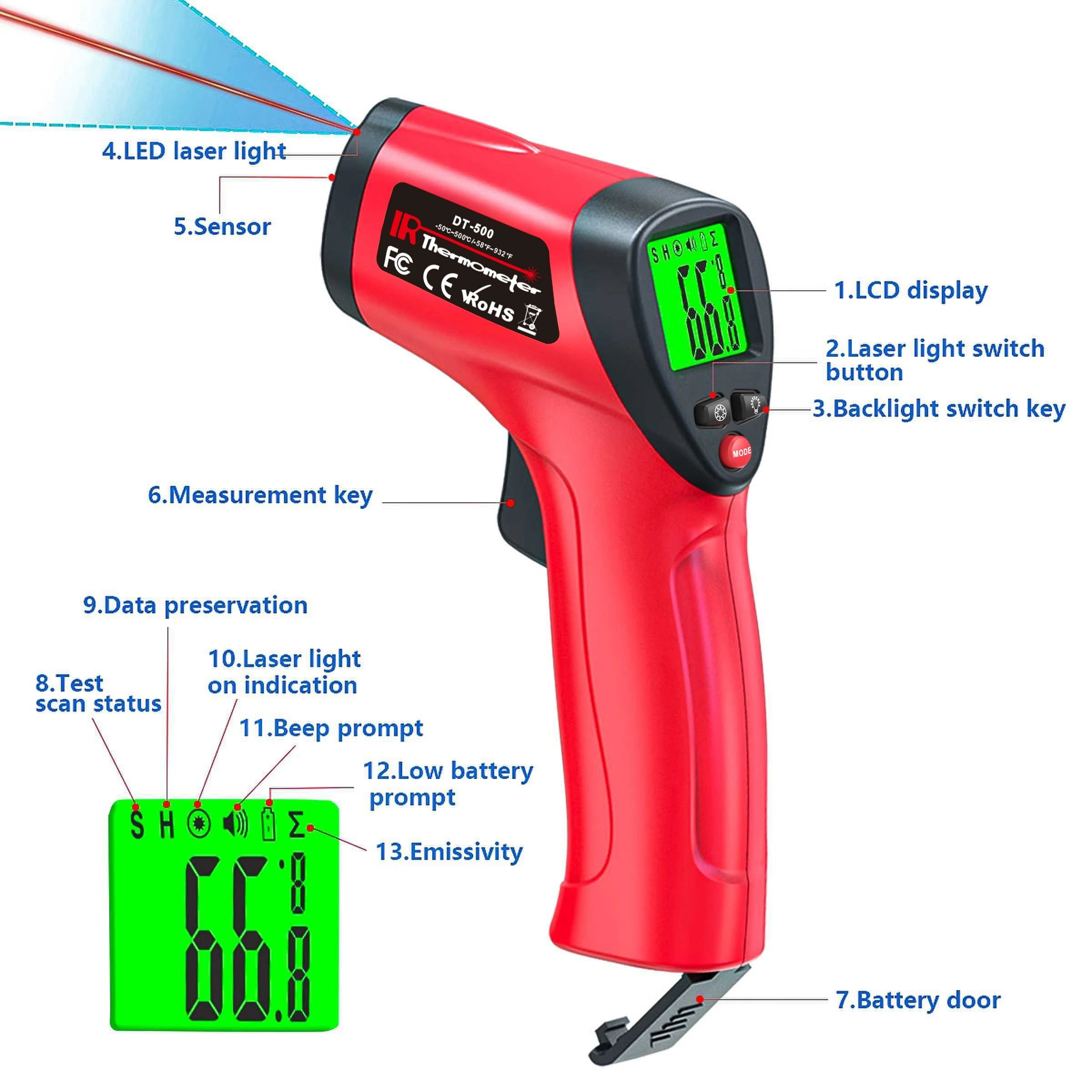Pistolet thermomètre infrarouge -50 ~ 500 ° Pistolet de température Laser sans contact C, capteur de température portatif, pyromètre numérique LCD rétroéclairé