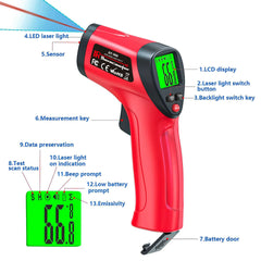 Pistolet thermomètre infrarouge -50 ~ 500 ° Pistolet de température Laser sans contact C, capteur de température portatif, pyromètre numérique LCD rétroéclairé