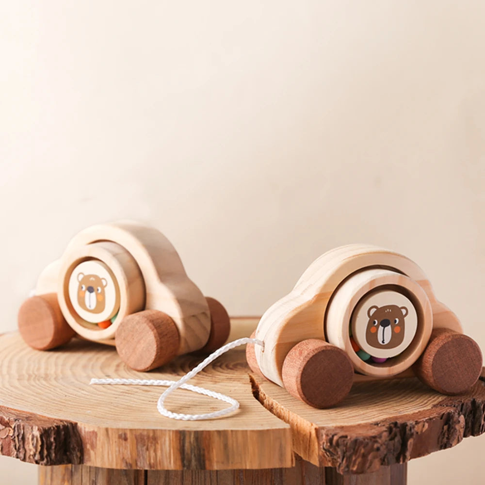 Jouets Montessori en bois pour bébé, 1 pièce, anneau de dentition de Bus de dessin animé, ours en bois de hêtre, voiture pour enfants, jouets éducatifs Montessori, cadeau