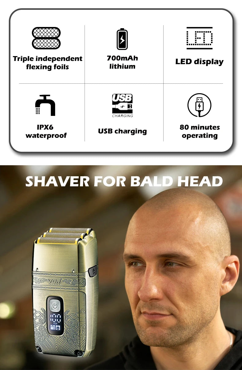 VGR tondeuse tondeuse à barbe pour hommes rasoir electrique homme rasoir Rasateur Professionnelle Rasoir électrique Machine à raser Étanche Tondeuse à barbe Métal Le rasoir Affichage numérique Rasoir pour hommes V-335