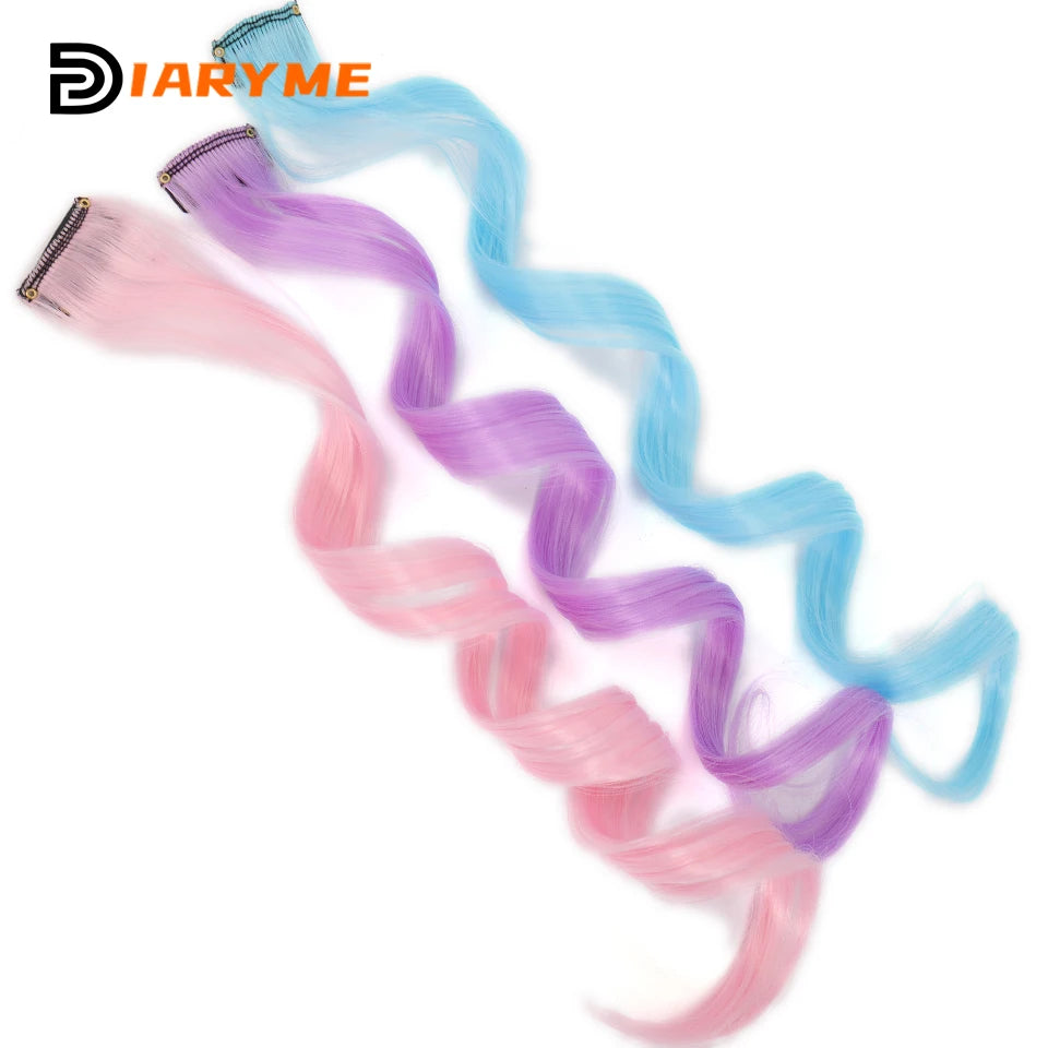 Colorful curly synthetic hair extensions for girls, long clip-in hairpiece, multicolored party strands, wig piece, for women and children