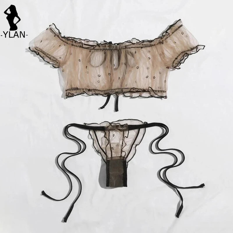 Ensemble de soutien-gorge à fleurs pour femmes, Lingerie Sexy, mignon, sans bretelles, Bralette, culotte, sous-vêtements fantaisie, intime, Transparent, érotique