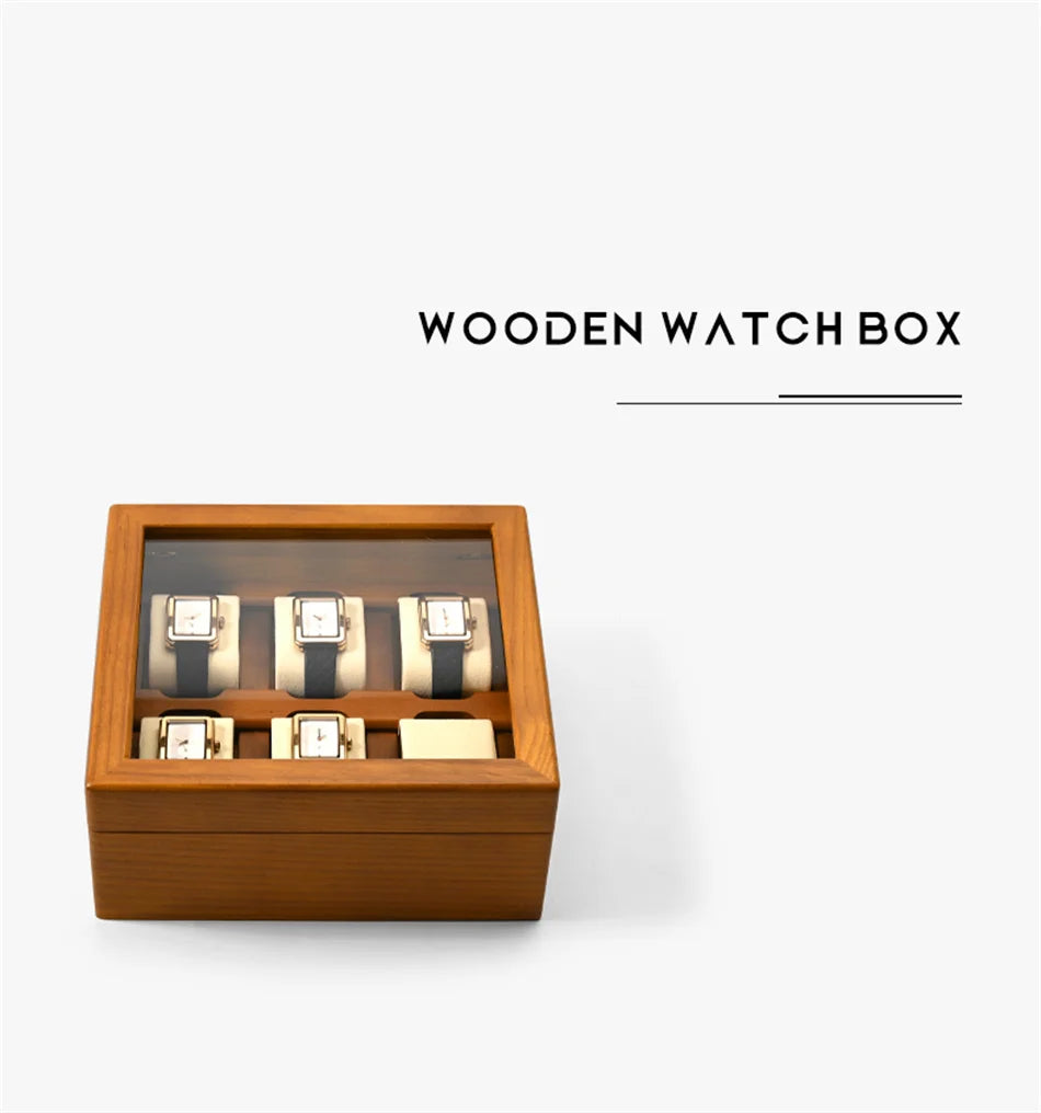 Oirlv boîte de rangement de montre en bois délicate couvercle en verre anti-poussière boîte de montre boîte de collecte de montre-bracelet affichage stockage boîte de montre à 6 grilles