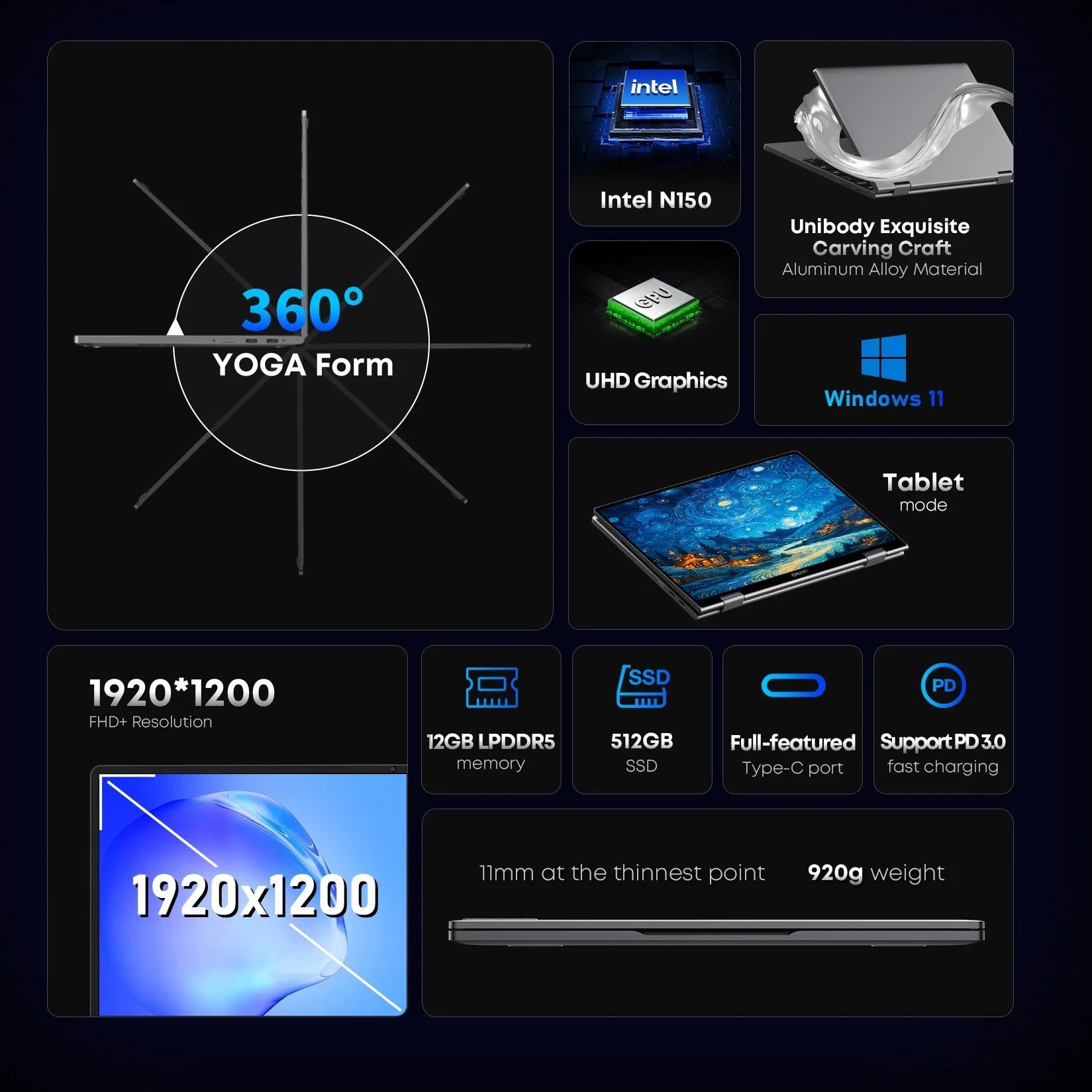 CHUWI MiniBook X N150 10.51-inch Laptop, 16GB/12GB RAM, 512GB SSD, 2-in-1 Yoga Mode, Intel Windows 11, 360° Foldable Design, WiFi 6