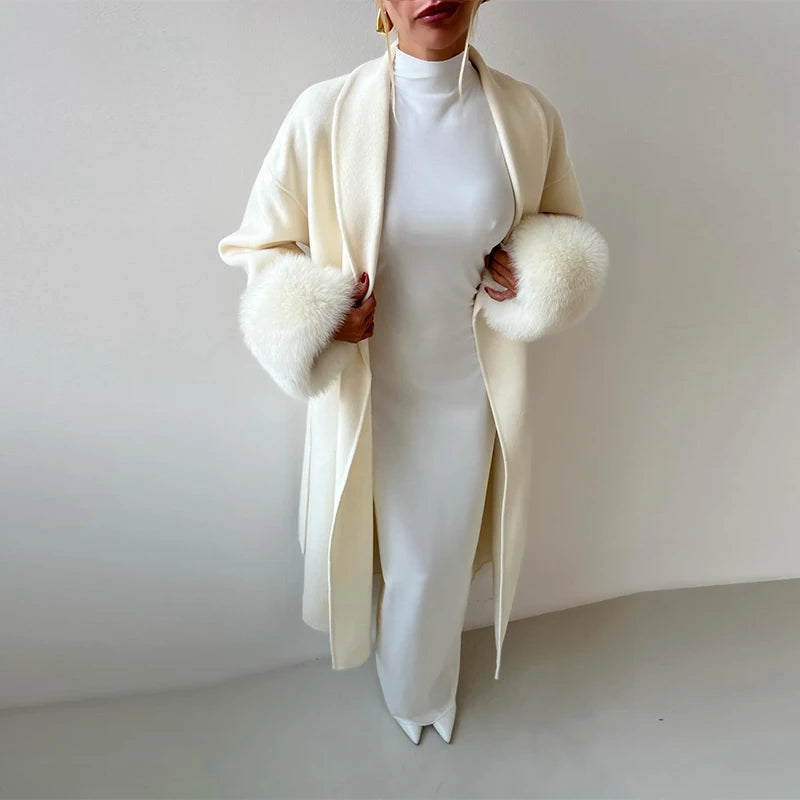 Manteau Long à lacets pour femme, manteau de bureau élégant en laine, fourrure, Patchwork, manches longues, vestes Cardigan amples, nouvelle collection 2025