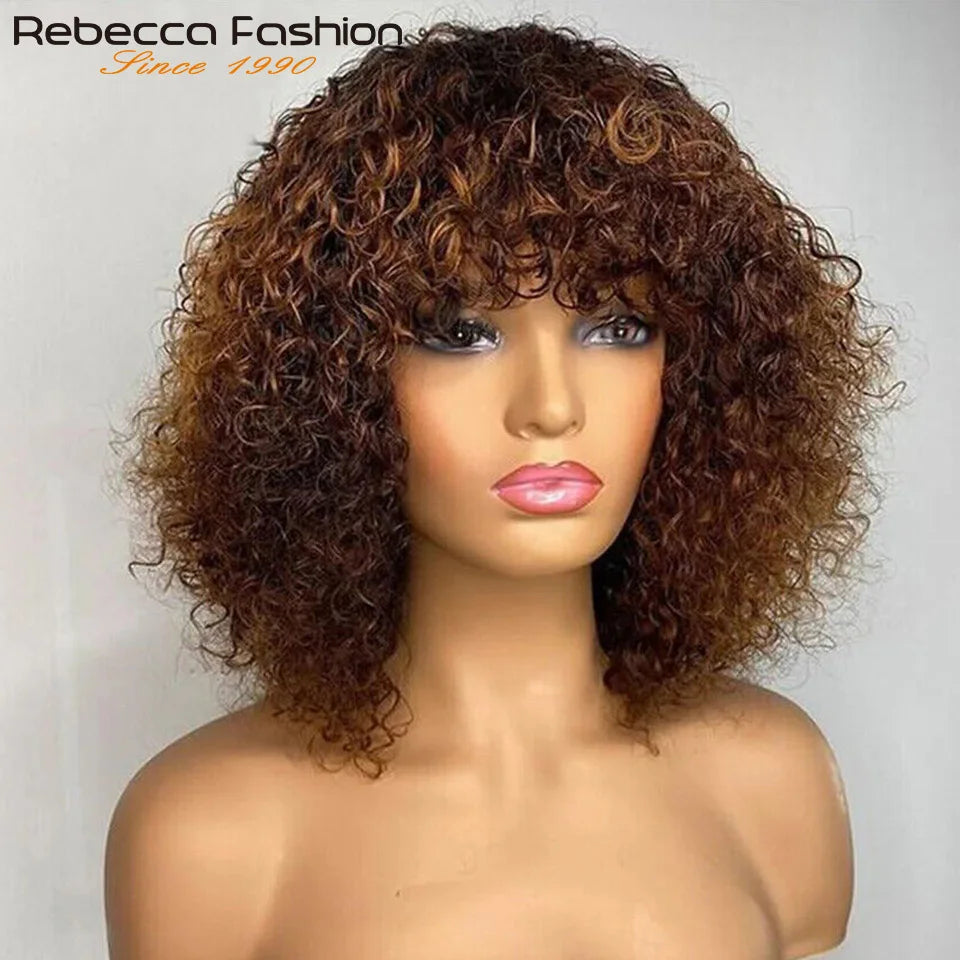 Perruques de cheveux humains Pixie Cut Bob avec frange pour femme, perruque pleine machine bouclée, surbrillance, couleur blond miel, court, caution