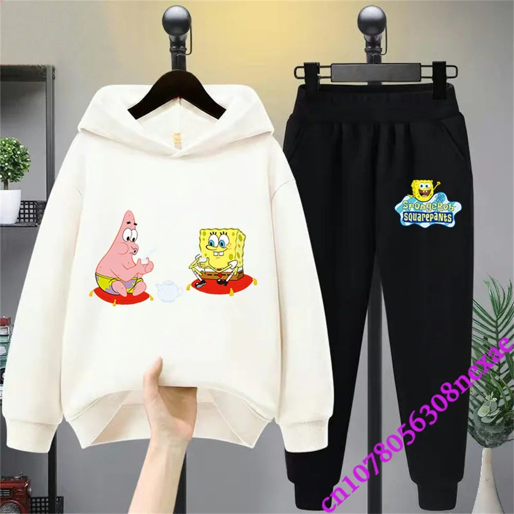 Spongebob-Pull imprimé dessin animé pour enfants, vêtements pour garçons et filles, imbibé, printemps et automne, Sportif, fjedly, 2 pièces