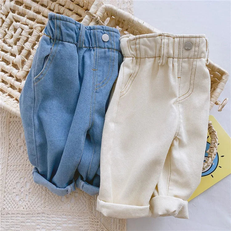 Children's jeans, casual pants for boys and girls, high-waisted, solid color, warm jeans, autumn/spring, 9M-4 years