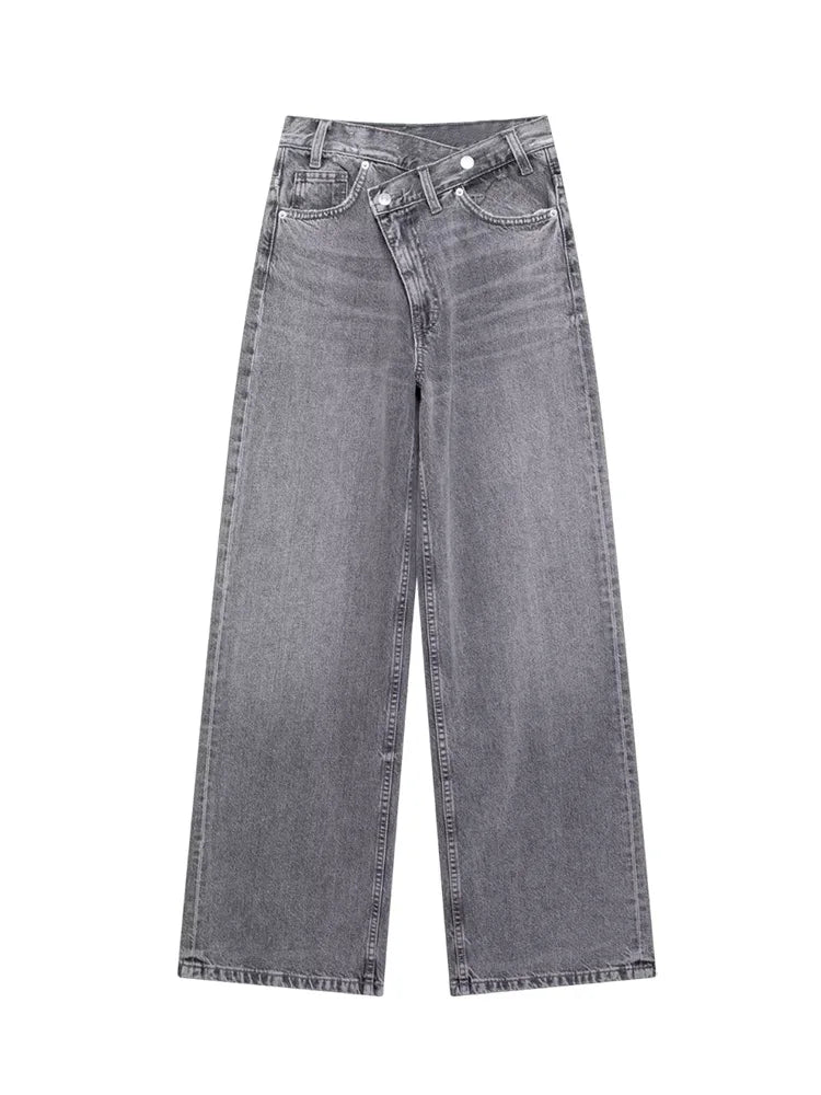 Jeans asymétriques à taille haute et à jambes larges pour femmes nouveaux modèles de base mode polyvalente pantalons droits pantalons