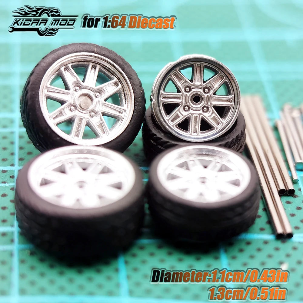 KicarHapp1/64-Jantes Métalliques ABS avec Caoutchouc pour Voiture Miniature, Pièces de Réaménagement Avant, Petite et Arrière