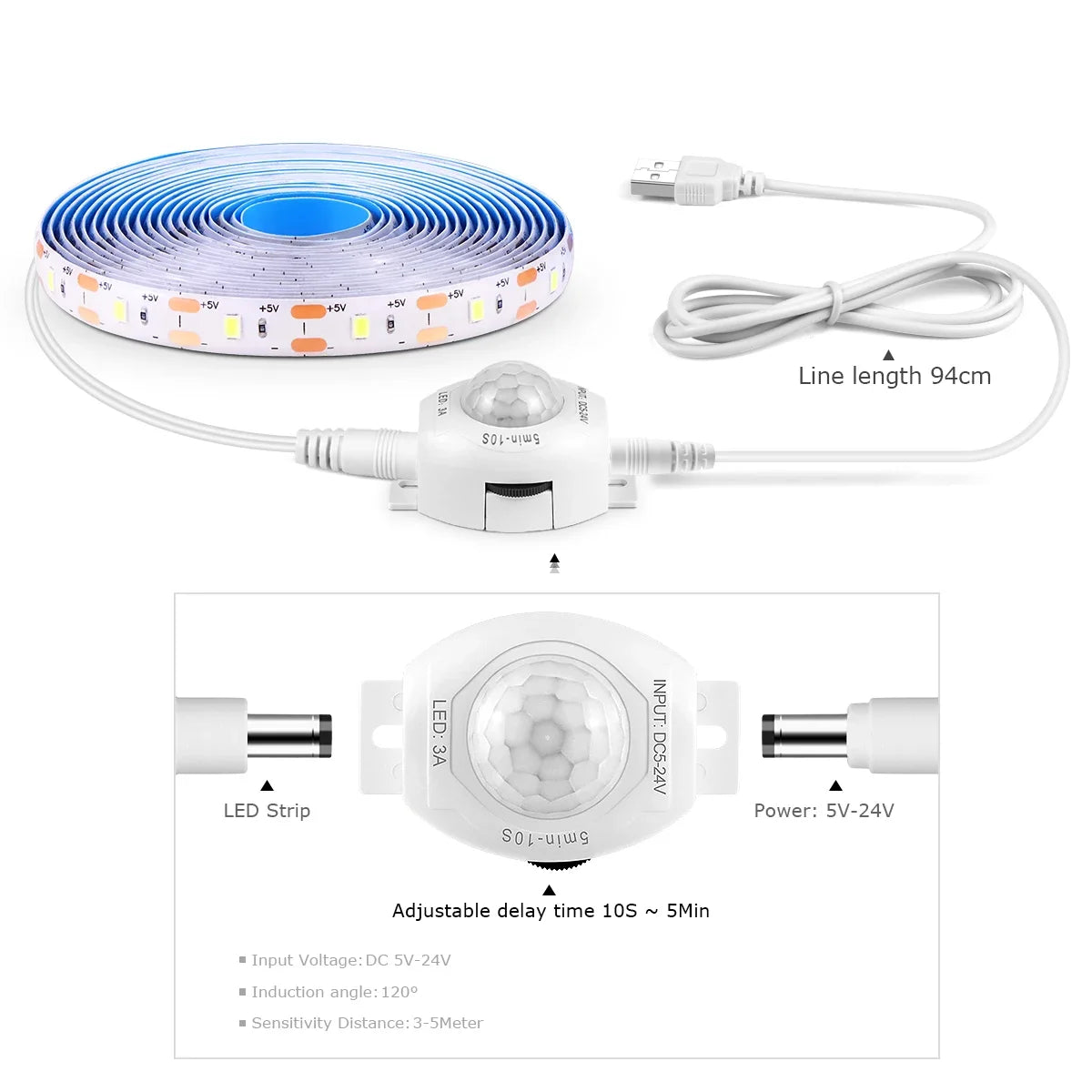 Bande lumineuse LED USB 5V, étanche, SMD2835, avec capteur de mouvement PIR sensible, temps de retard réglable pour cuisine, chambre à coucher, couloir