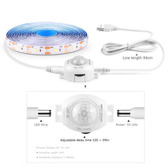 Bande lumineuse LED USB 5V, étanche, SMD2835, avec capteur de mouvement PIR sensible, temps de retard réglable pour cuisine, chambre à coucher, couloir
