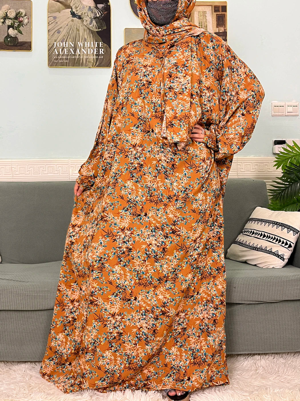 Abayas musulmanes en coton pour femmes, vêtement de prière traditionnel à fleurs pour Ramadan, Caftan africain, Marocain, Robe connectée, foulard
