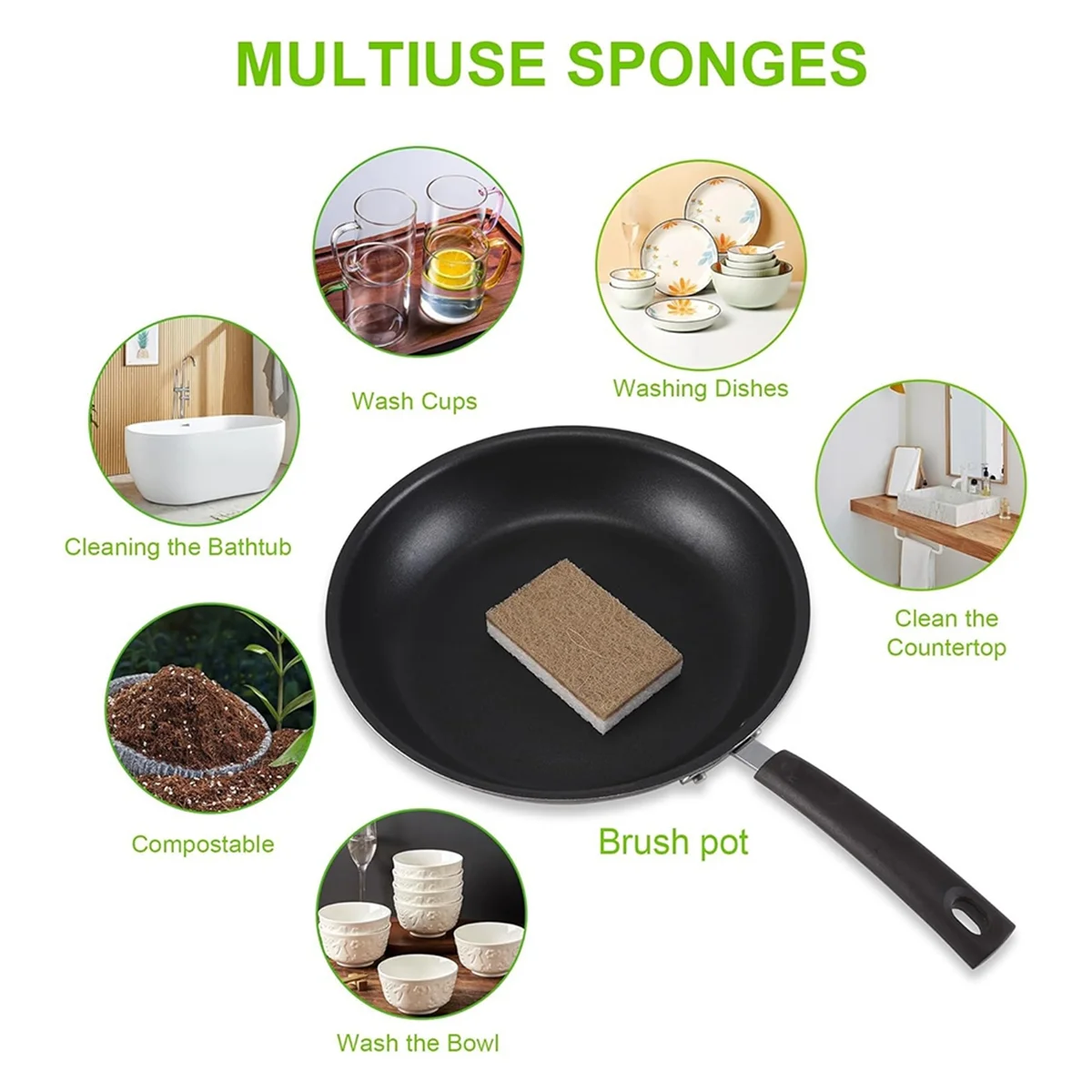 Paquet d'éponges naturelles écologiques pour la vaisselle, éponge de cuisine bionickel able avec épurateur AMP compostable, 12 pièces