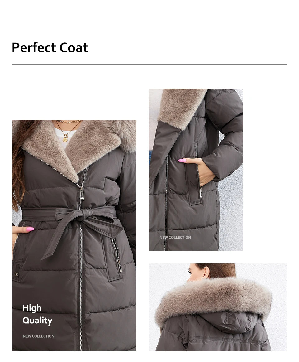 HaiLuoZi-Doudoune Longue en Coton pour Femme avec Ceinture en Fourrure, Manteau à Revers, Fermeture Éclair Indépendante, Vêtements d'Extérieur, Nouvelle Collection Hiver 2023, 1171