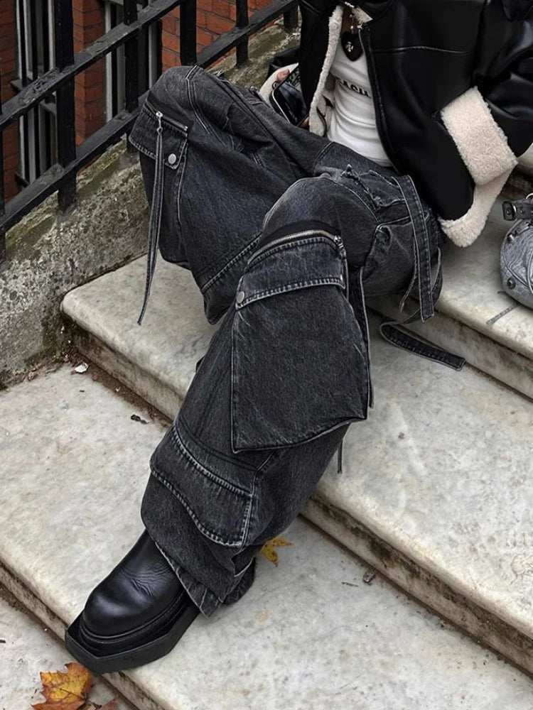 FjRopa Mujer-Jean Cargo Noir Délavé Style Punk Y2K pour Femme, Pantalon Baggy, Vêtements de Styliste, Jambes Larges, 2024