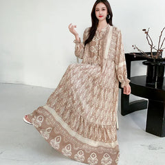 Women's loose-fitting long cotton dress, bohemian floral print, long sleeves, maxi length, plus size, Middle Eastern style, round neck