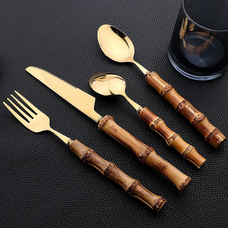24 pièces ensembles de vaisselle en bambou ensemble de couverts en bambou en acier inoxydable poignée purement naturelle ensemble de couverts vaisselle couteau à Steak couverts