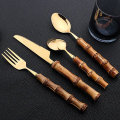 24 pièces ensembles de vaisselle en bambou ensemble de couverts en bambou en acier inoxydable poignée purement naturelle ensemble de couverts vaisselle couteau à Steak couverts