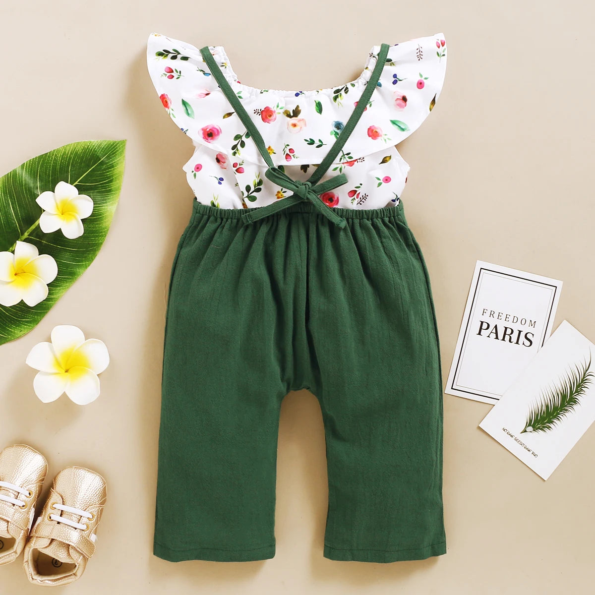 Ensemble de vêtements pour petites filles de 1 à 5 ans, imprimé Floral, feuille de Lotus, haut court + pantalon à bretelles, tenue mignonne à la mode, 2 pièces
