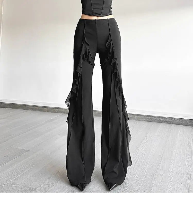 Women's high-waisted bootcut trousers, retro style, ruffled seams, with a sense of design, slimming trousers