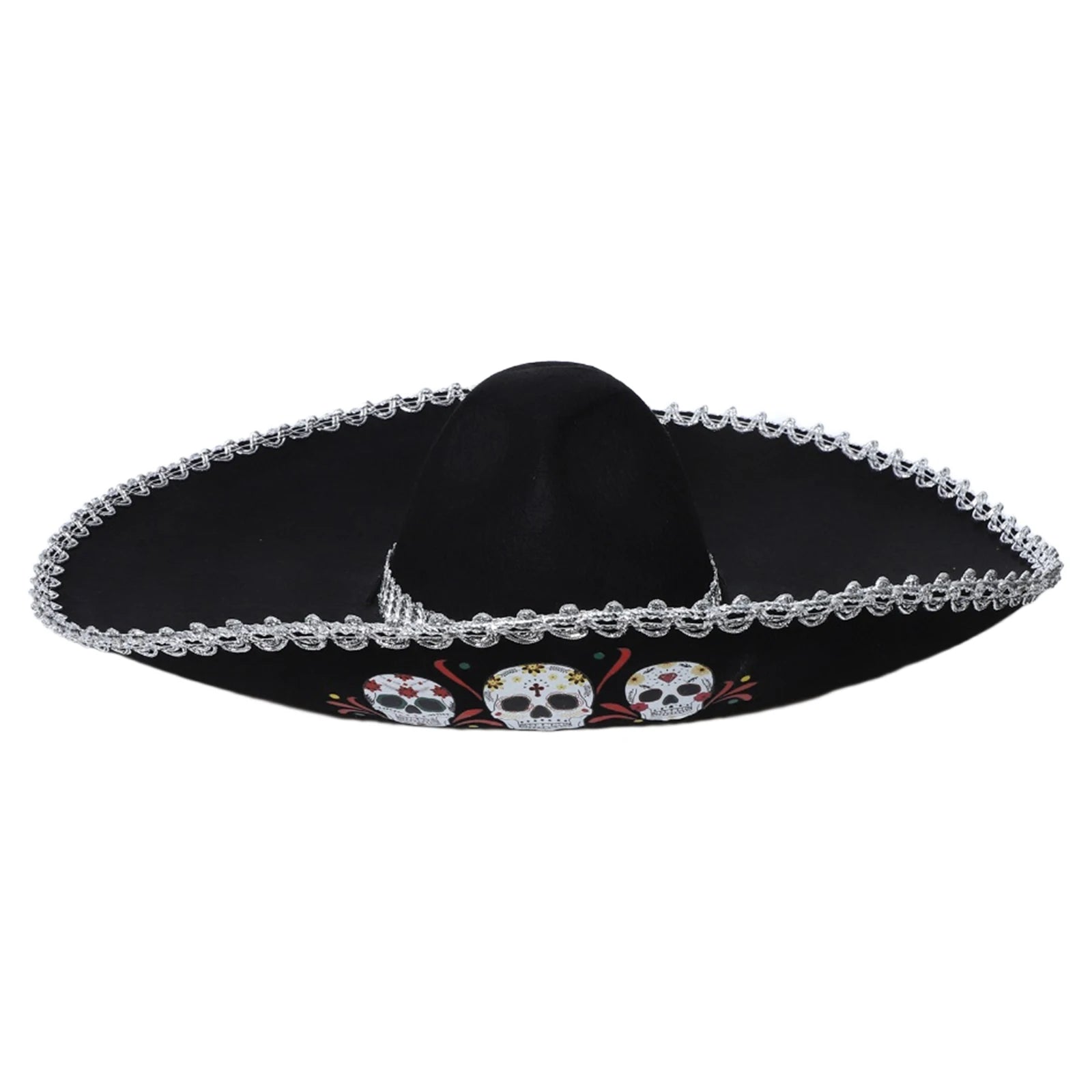 Chapeau mexicain unisexe pour adultes et enfants, motif de crâne tressé métallique, chapeau noir à large bord pour l'été, chapeau de soleil en plein air, accessoire de Cosplay d'halloween