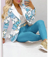 Women's Casual Striped Printed Suit, Office Lady Coat and Pant Set, Elegant Fashion Long Sleeve Top, Trousers, Two Piece Set, Female Outfit, 2023