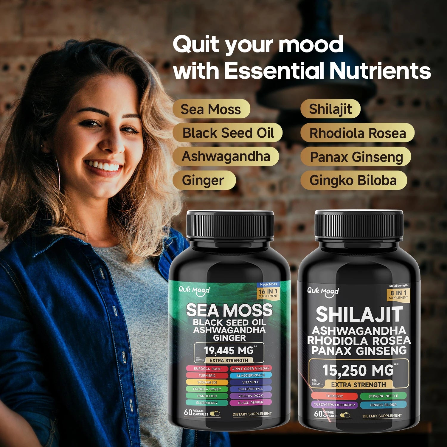 Mousse de mer et shilajit Bundle 120 gélules, avec seamos, huile de pépins noirs, Ashwagandha, gingembre, racine de bardane, curcuma, Pepp noir