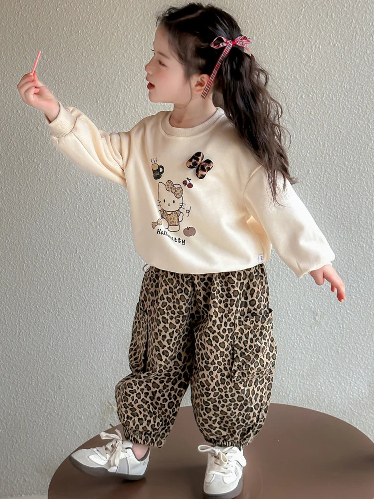 Ensemble de vêtements d'automne pour filles, sweat-shirt, pull Hello Kitty, haut et pantalon imprimé léopard, costume 2 pièces, tenue de survêtement mignonne pour enfants