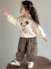Ensemble de vêtements d'automne pour filles, sweat-shirt, pull Hello Kitty, haut et pantalon imprimé léopard, costume 2 pièces, tenue de survêtement mignonne pour enfants