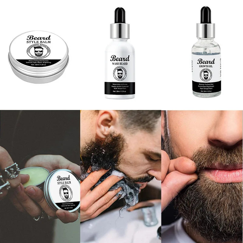 Kit de soins de barbe pour hommes, ensemble de 3 pièces, crème pour barbe, ensemble combiné de lavage à l'huile, ensemble de soins du visage
