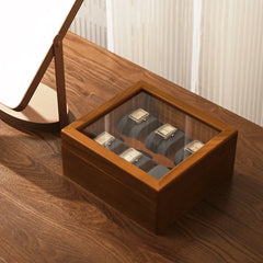 Oirlv boîte de rangement de montre en bois délicate couvercle en verre anti-poussière boîte de montre boîte de collecte de montre-bracelet affichage stockage boîte de montre à 6 grilles