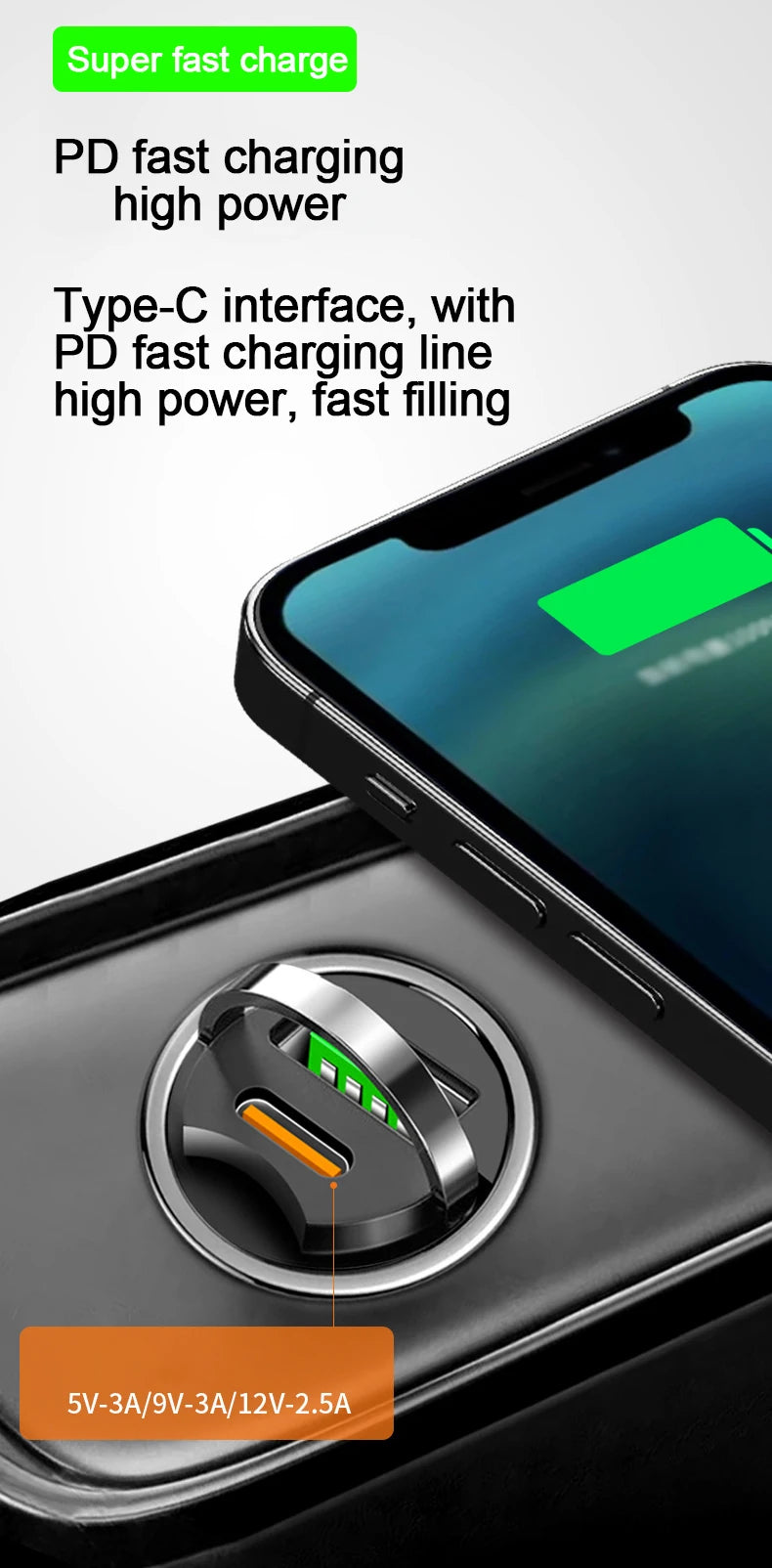 Smart car charger with mini rib ring, USB + PD port, GNE charger, PD30W