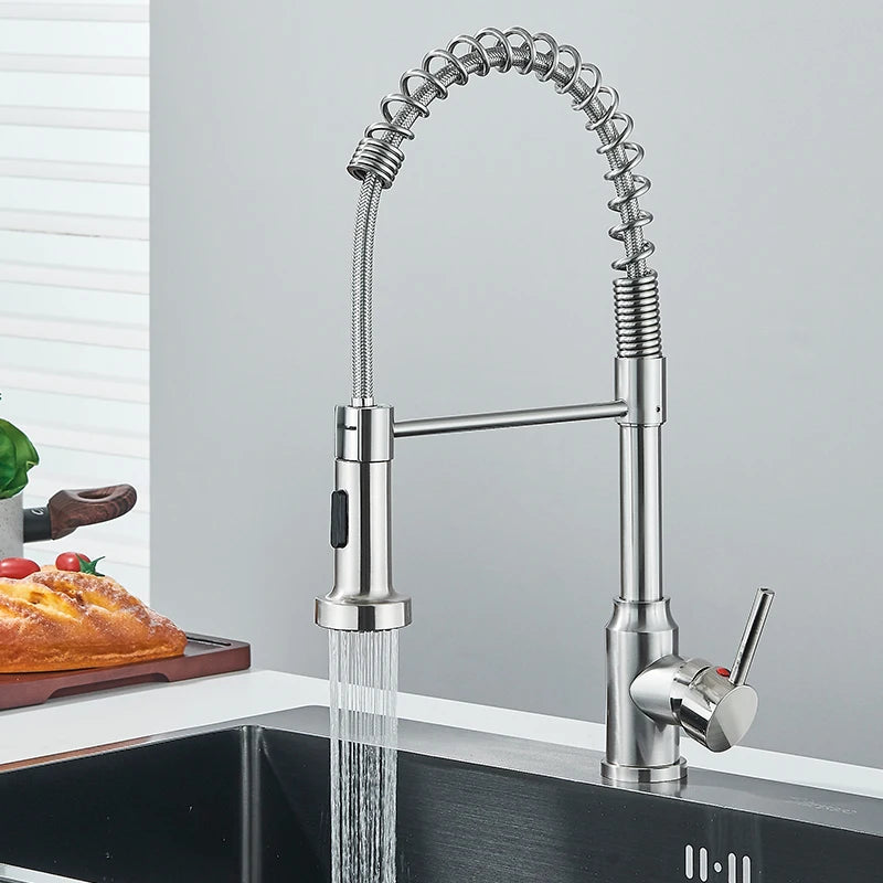 Robinets de cuisine extractibles à ressort, tête de pulvérisation, robinet d'eau chaude et froide, Rotation en acier inoxydable, mitigeur de cuisine, grue