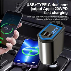 Chargeur de voiture rétractable, chargeur de voiture 4 en 1 à charge rapide 120W, câble rétractable et 2 Ports USB Compatible avec adaptateur de chargeur de voiture