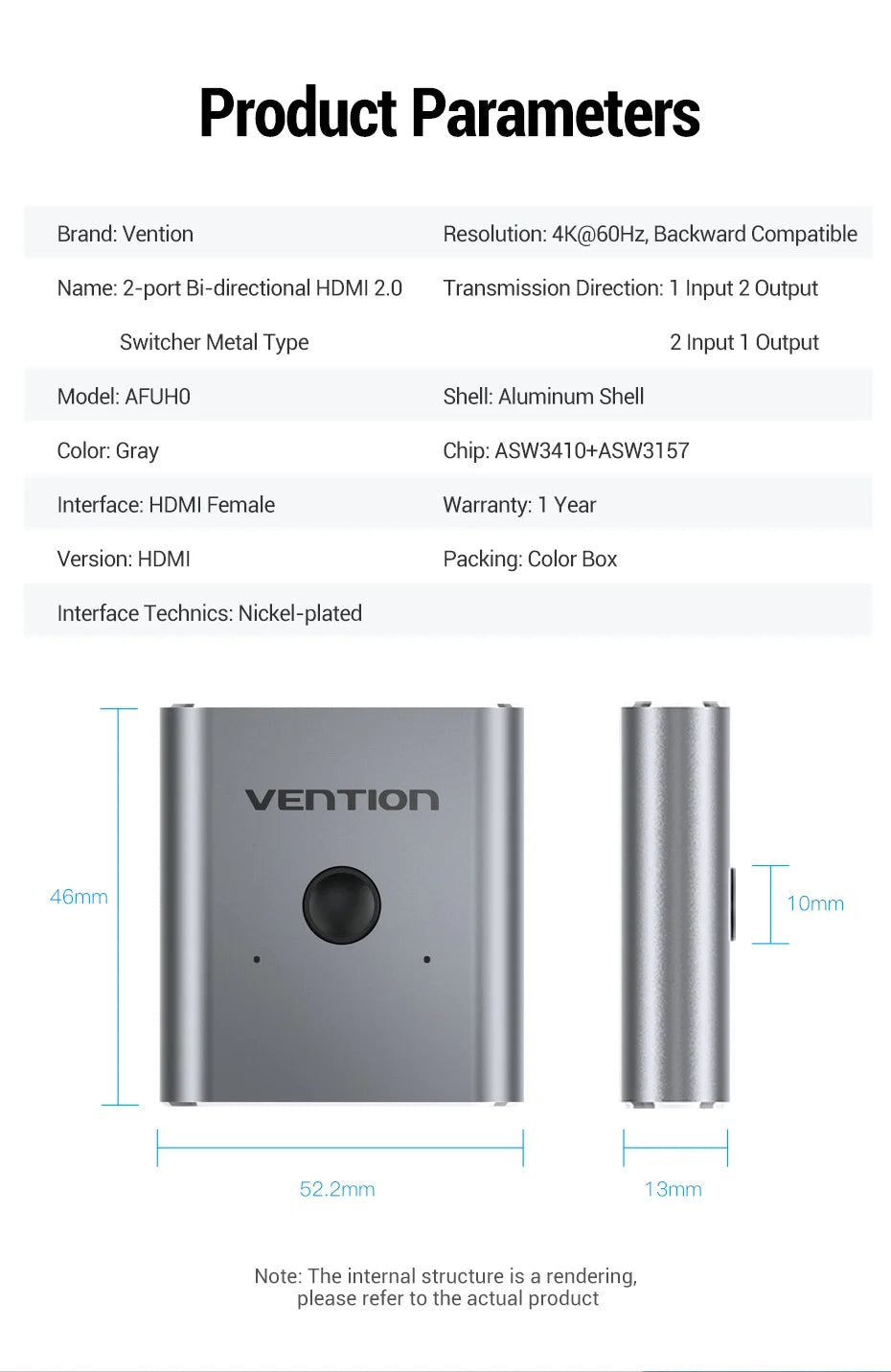Vention HDMI commutateur 4K 60Hz bi-direction 2.0 commutateur HDMI 1x2/2x1 adaptateur pour PS4/5 Xiaomi TV Box 8K HDMI 2.1 répartiteur