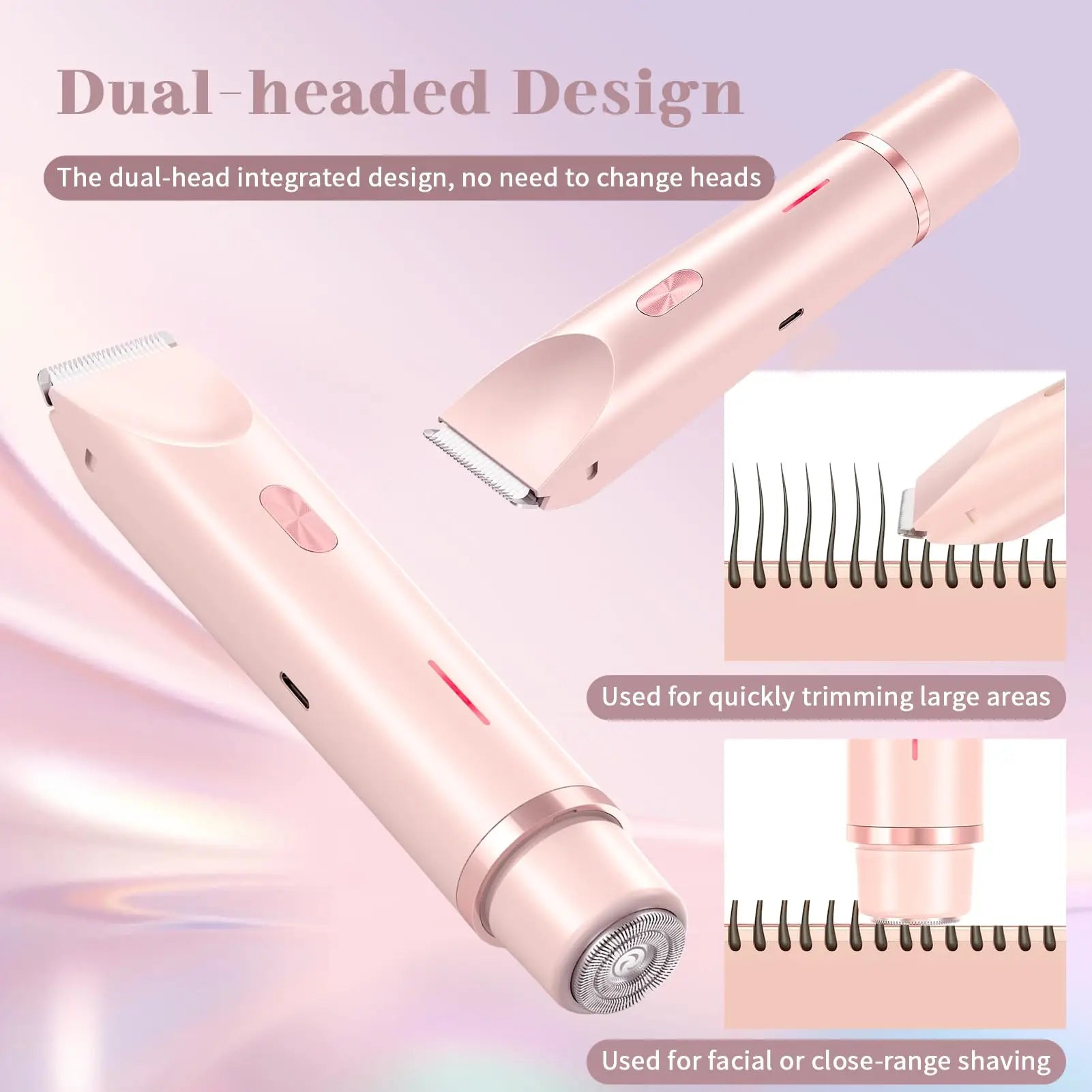 Electric shaver for women, waterproof shaver for wet and dry hair, 2-in-1 double head, double bikini trimmer, hair clipper, detachable head