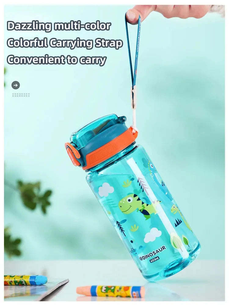 Bouteille d'eau dinosaure de 600ml pour enfants, tasse à bec avec paille en Silicone, bouteilles d'eau en plastique étanches, tasse d'eau d'été pour enfants